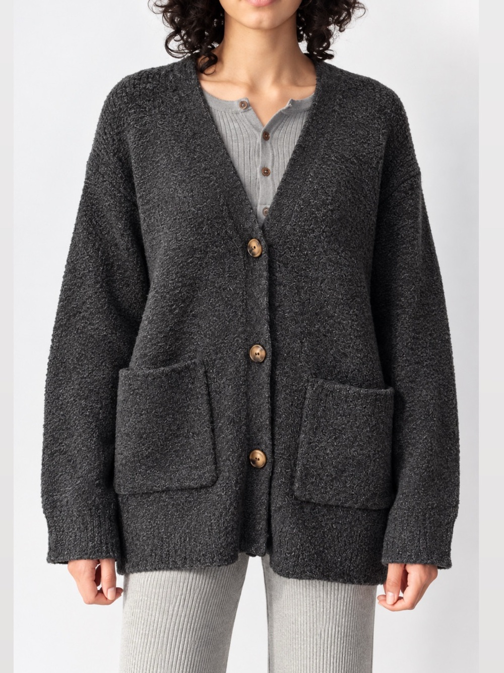 H&M Charcoal Bouclé Button-Front Women's Cardigan Sweater